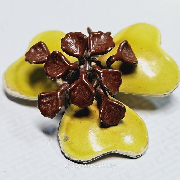 Vtg Poppy Flower Earrings Studs Clip-on Metal Enameled Retro 3d Yellow & Brown - Picture 8 of 9